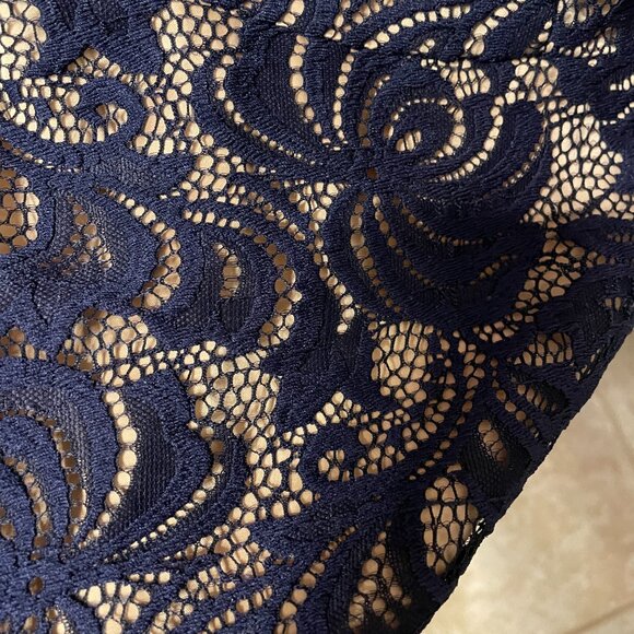 Eliza J Navy Blue Lace with Nude Underlay Ruched Side Sleeveless Dress, Size 6 - Picture 5 of 7
